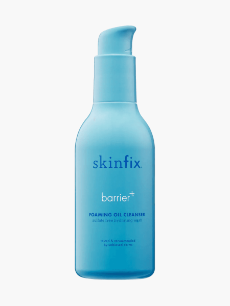 Barrier+ Foaming Oil Cleanser in branded blue bottle with pump on light gray background