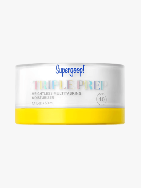 Supergoop! Triple Prep Weightless Multitasking Moisturizer SPF 40 in branded component on a light gray background