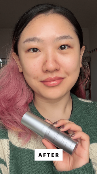 Han after applying the Alastin Skincare Restorative Eye Treatment